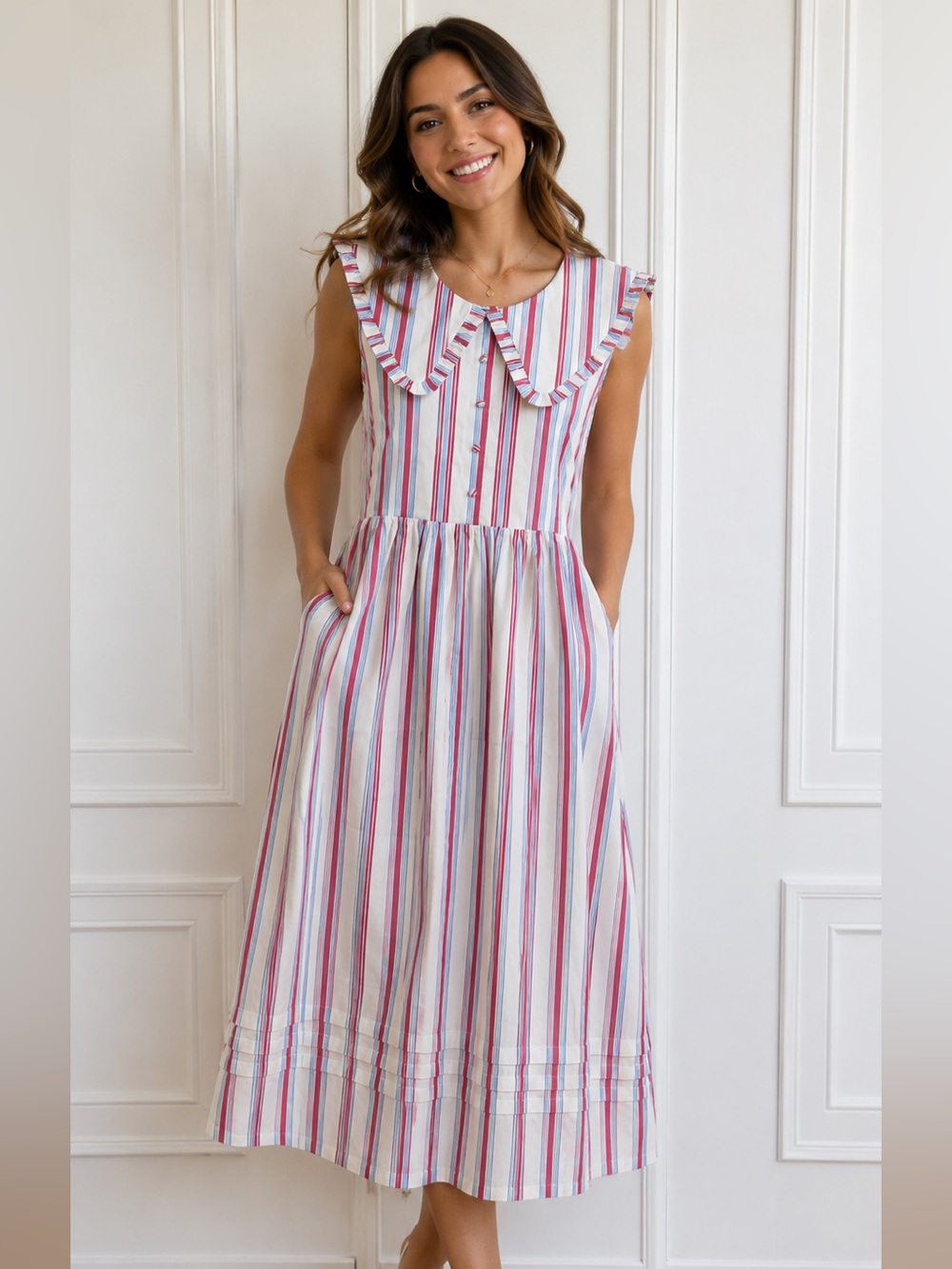 Caroline Constas Sleeveless Striped dress in Red, White & Blue